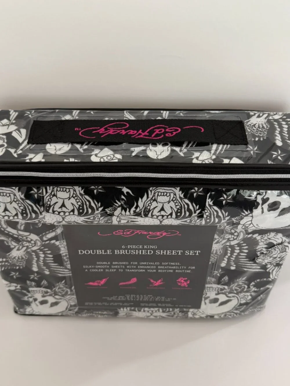 Ed Hardy King Sheet Set 6 Piece Double Brushed Black White Skull Tiger Tattoo